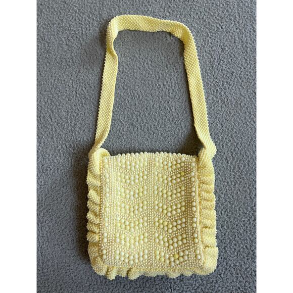 Vintage Beaded Shoulder Bag Embellish Square Ruffle Inner Pocket 80s Retro Purse - Picture 1 of 14